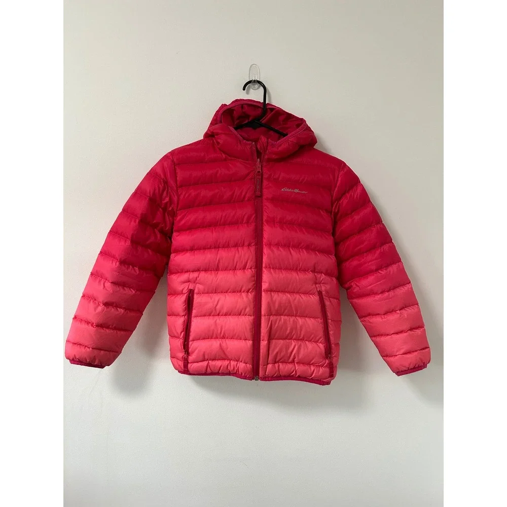 Eddie Bauer Kids Reversible Puffer Jacket Pink Ombre Hooded Zip Up Size M‎ 10 12